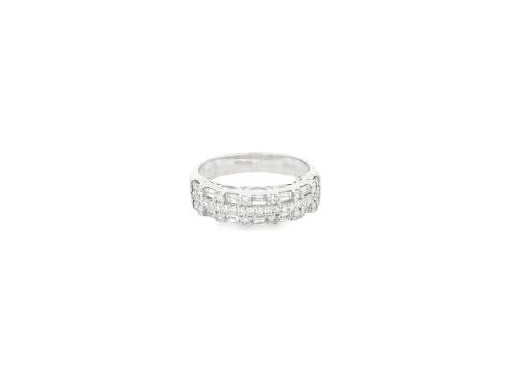 18K White Gold Double-Row Band Ring with Natural Round and Baguette Diamonds